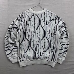 Alan Stuart 3D Textured Knit Sweater XL Cream Purple Abstract 90s Made In USA